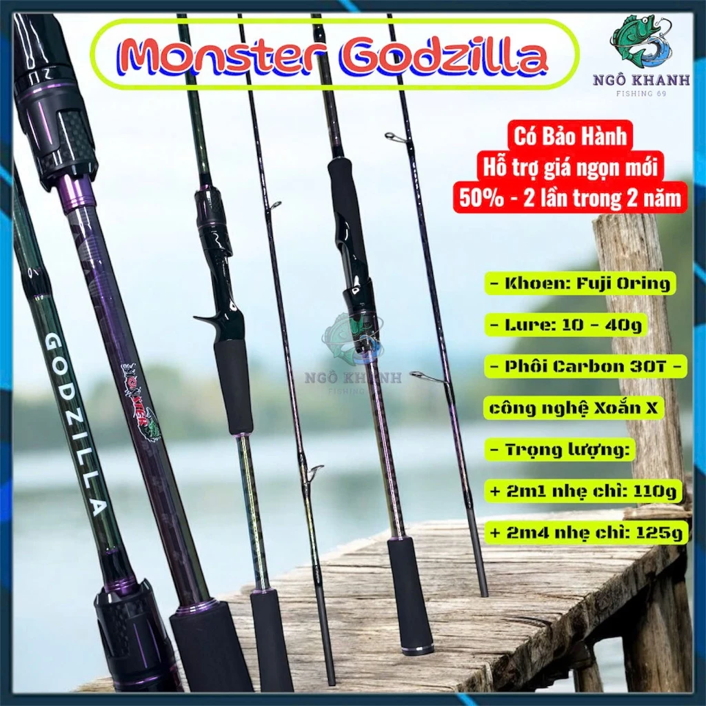 Cần câu cá Monster Godzilla phôi Carbon 30T xoắn X 7 màu, cần câu Lure khoen Fuji Oring đầu Pu Chống Xoắn